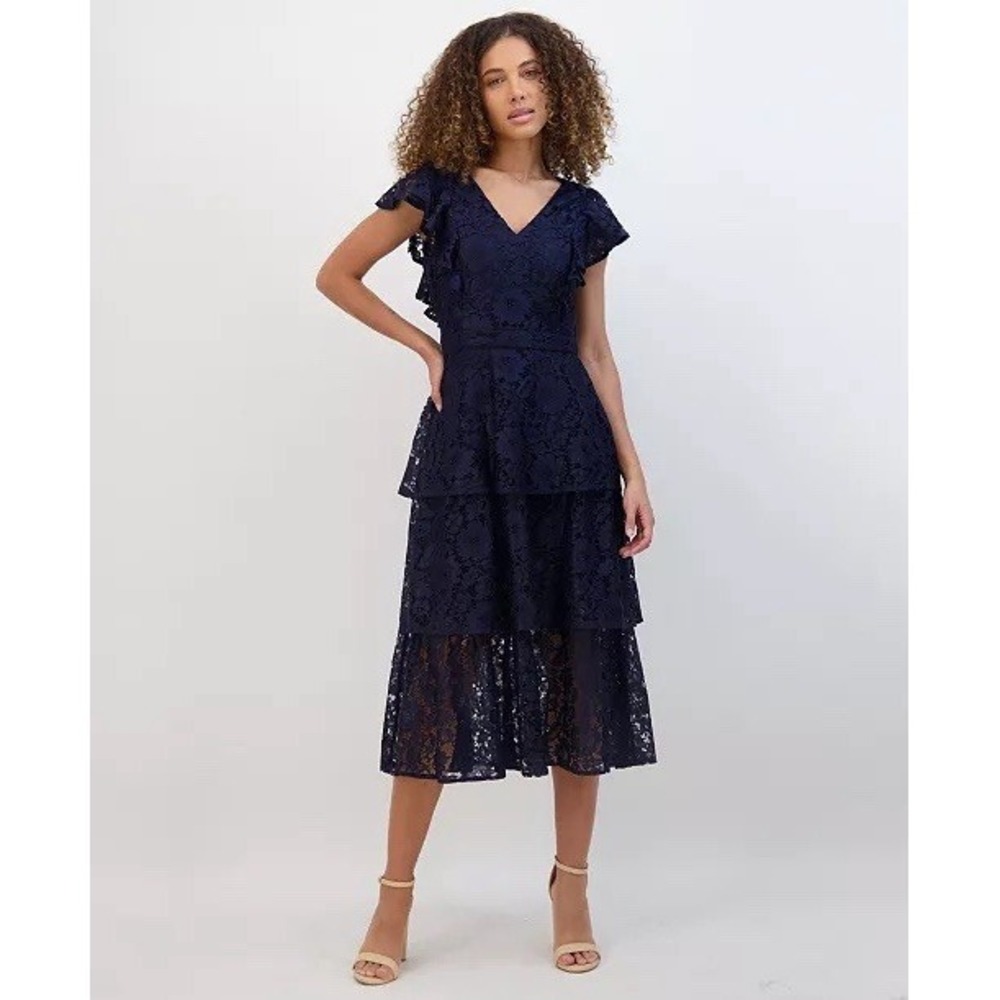 Kensie Women's Blue Flutter-Sleeve Tiered Lace Midi Dress Size 12